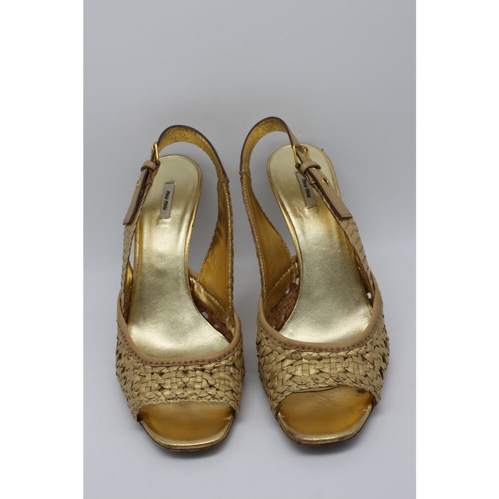 Miu Miu Vero Cuoio Gold Camel Buckle Open Tie 4" High‎ Heels Shoes Size 8